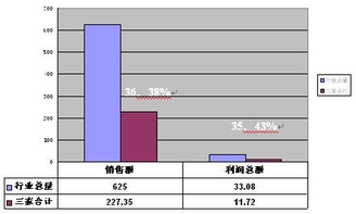 图11:三巨头2004年销售收入与利润总额占行业总量比例(单位:%)